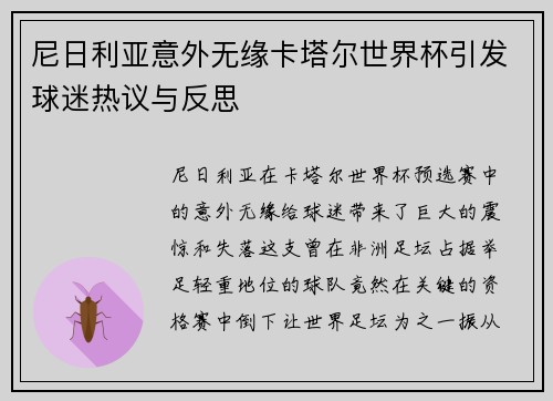 尼日利亚意外无缘卡塔尔世界杯引发球迷热议与反思
